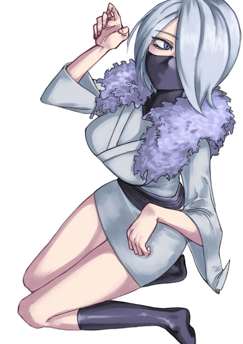 1girl absurdres artist_request asymmetrical_bangs black_footwear black_mask black_sash boku_no_hero_academia boots breasts clenched_hands expressionless eyelashes female_focus fingernails from_above fur_collar ghost_pose grey_eyes grey_kimono hair_over_one_eye hands_up highres japanese_clothes kimono knee_boots kneeling legs looking_at_viewer mask matching_hair/eyes medium_breasts medium_hair mouth_mask neck obi outstretched_arms sash shiny_clothes shiny_skin short_kimono sidelocks silver_hair simple_background standing thighs thighs_together traditional_clothes white_background wide_sleeves yanagi_reiko