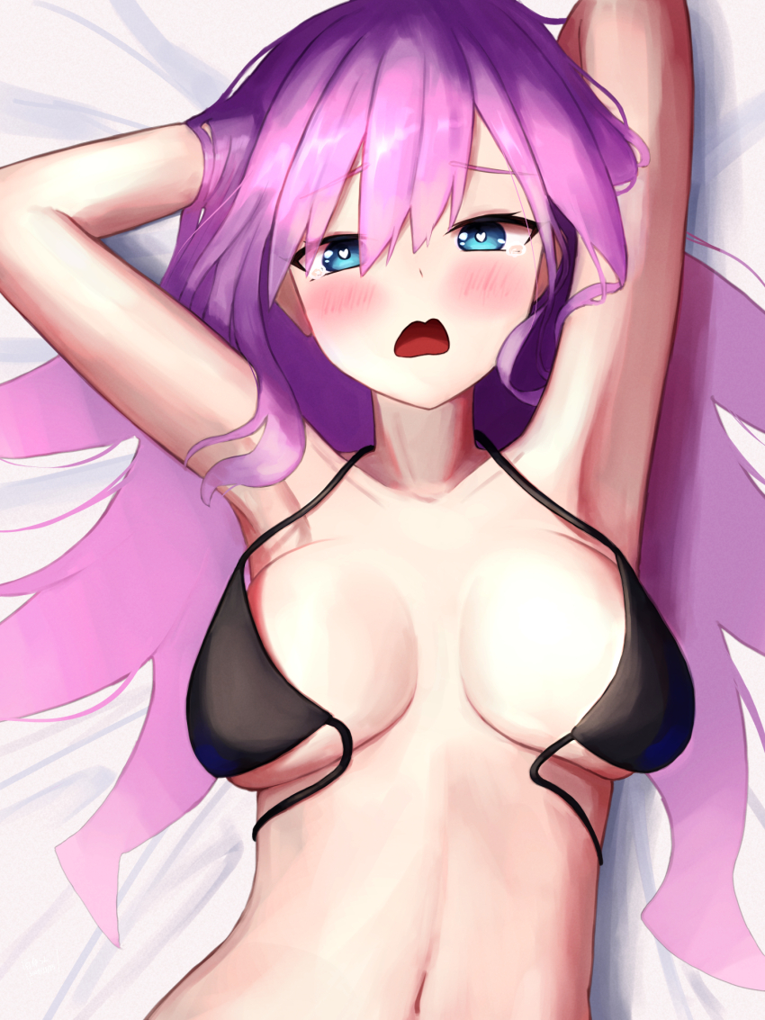 1girl armpits arms_behind_back black_bra blush bra breasts duel_monster highres large_breasts long_hair looking_at_viewer lying navel nightmare_apprentice on_back open_bra purple_hair solo tears triangle_del underwear upper_body yu-gi-oh!