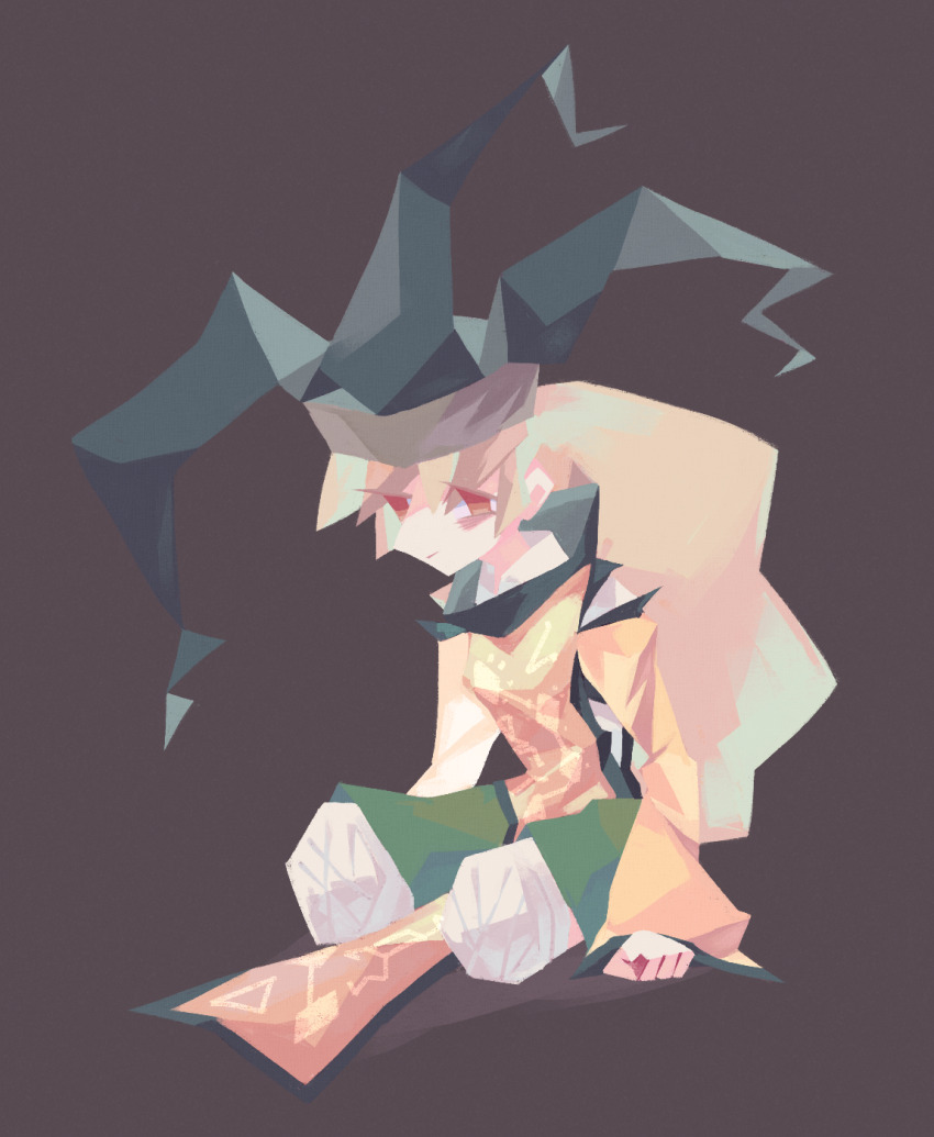 1girl amputee bags_under_eyes bandaged_leg bandages black_hat blonde_hair brown_background closed_mouth commentary detached_sleeves double_amputee frown full_body green_skirt guuchama hair_between_eyes hat highres long_hair looking_at_viewer matara_okina no_lineart orange_eyes shirt skirt solo touhou white_shirt yellow_sleeves yellow_tabard