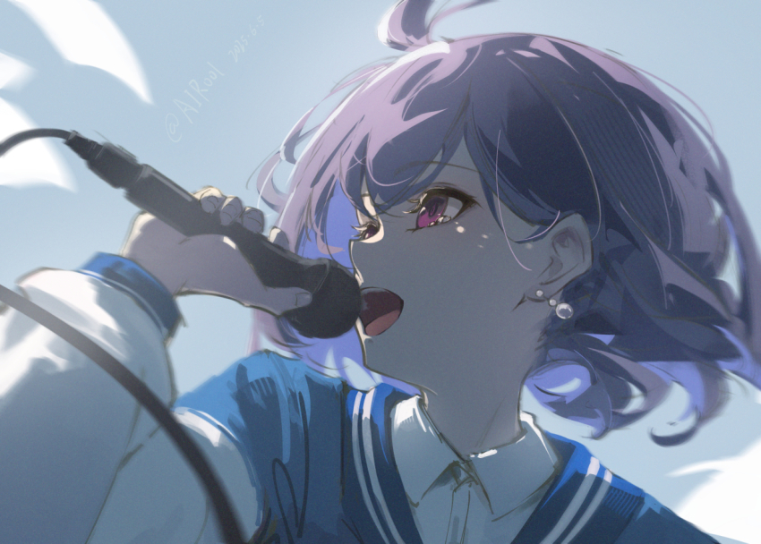 1girl ahoge airool bang_dream! bang_dream!_it&#039;s_mygo!!!!! blue_background blue_hair blue_jacket chinese_commentary collared_shirt colored_inner_hair commentary_request dated earrings eyelashes fingernails hand_up happy_tears holding holding_microphone jacket jewelry letterman_jacket long_sleeves looking_to_the_side microphone motion_blur multicolored_hair multicolored_jacket open_mouth pearl_earrings puffy_long_sleeves puffy_sleeves purple_eyes purple_hair shirt short_hair sidelighting simple_background solo takamatsu_tomori tearing_up tears teeth two-tone_background two-tone_hair two-tone_jacket upper_teeth_only weibo_username white_background white_jacket white_shirt