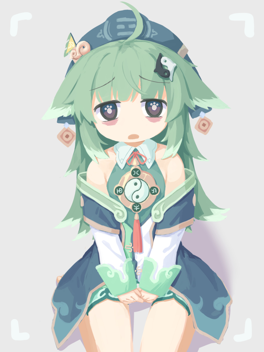 1girl ahoge bad_id bad_twitter_id bags_under_eyes bare_shoulders blue_headwear detached_sleeves dress green_hair grey_background hassai highres honkai:_star_rail honkai_(series) huohuo_(honkai:_star_rail) long_hair long_sleeves looking_at_viewer open_mouth paw-shaped_pupils short_dress simple_background sitting sleeveless sleeveless_dress sleeves_past_wrists solo straight-on symbol-shaped_pupils viewfinder yin_yang