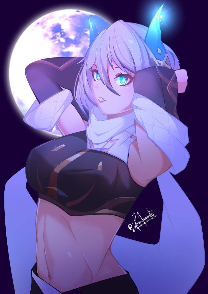 1girl absurdres armpits arms_behind_head arms_up artist_name black_shirt blue_horns breasts crop_top dragon_girl dragon_horns full_moon grand_chase grey_hair highres horns lips medium_breasts medium_hair midriff moon navel night radal scarf shirt signature sleeveless sleeveless_shirt tiamat_(grand_chase) tsurime white_scarf