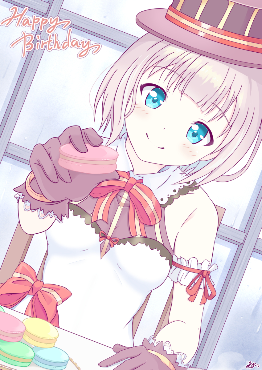 1girl bare_shoulders blue_eyes breasts food hat highres iris_mysteria! k_(nura-rikuo) looking_at_viewer macaron medium_breasts porin_von_heilbronn solo