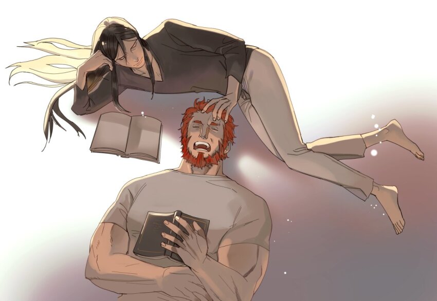 2boys barefoot beard book closed_eyes facial_hair fate_(series) hair_spread_out halorane iskandar_(fate) long_hair lord_el-melloi_ii lying male_focus multiple_boys muscular muscular_male on_back on_side open_book open_mouth short_hair short_sleeves sleeping snoring waver_velvet yaoi