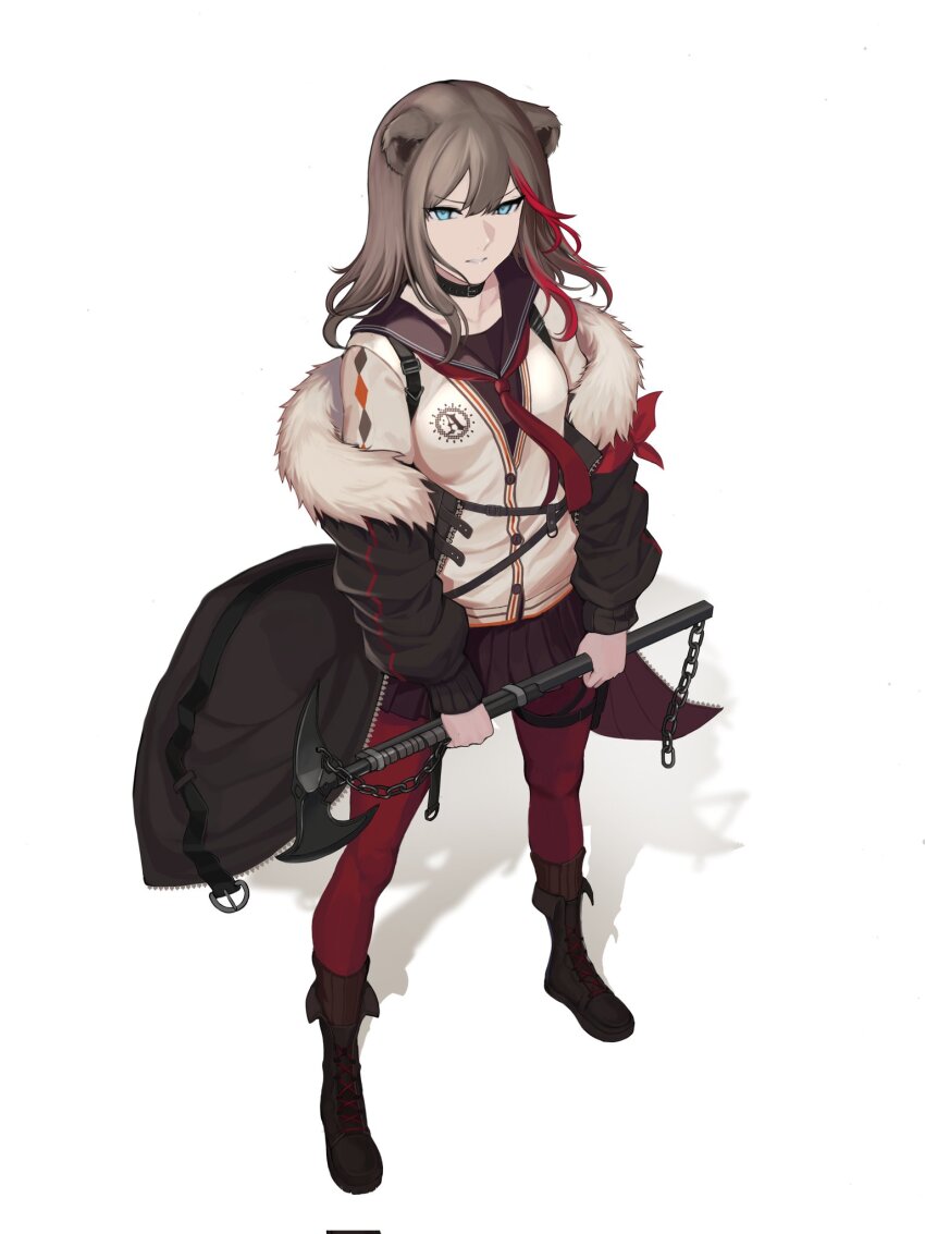 1girl animal_ears aqua_eyes arknights axe bear_ears black_boots black_choker black_coat black_jacket boots breasts brown_hair brown_shirt brown_skirt cardigan choker clothes_pull coat commentary disappointed english_commentary full_body fur-trimmed_coat fur-trimmed_jacket fur_trim highres holding holding_axe holding_weapon jacket jacket_pull long_hair long_sleeves looking_at_viewer multicolored_hair necktie open_clothes open_coat open_jacket open_mouth pantyhose parted_lips red_necktie red_pantyhose school_uniform seilindekos shirt sidelocks simple_background skirt small_breasts solo standing two-tone_hair weapon white_background white_cardigan zima_(arknights)