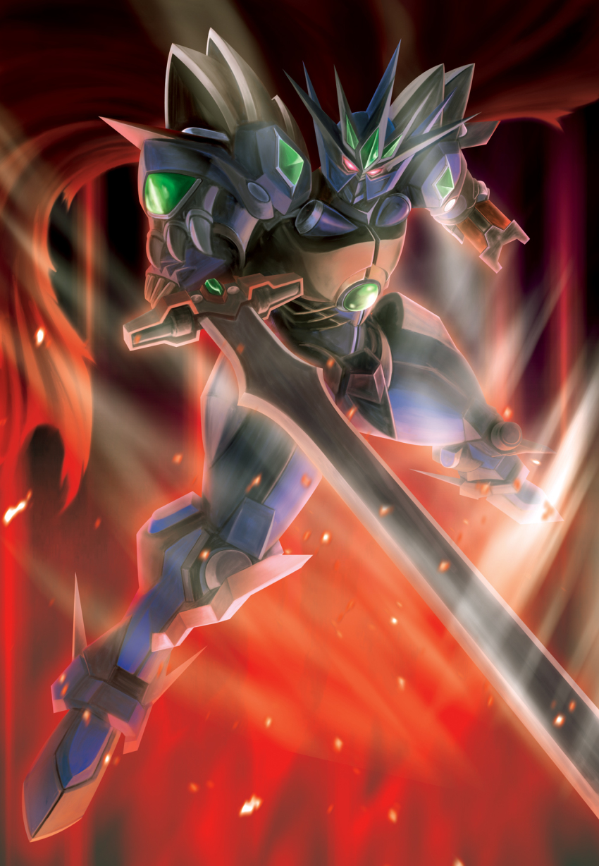 bad_id bad_pixiv_id banpresto cape glowing glowing_eyes highres hiro_(hibikigaro) mecha no_humans robot super_robot_wars super_robot_wars_advance super_robot_wars_original_generation sword vaisaga weapon