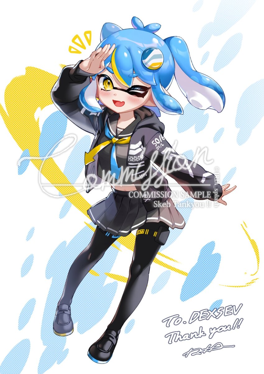 1girl antenna_hair black_jacket black_pantyhose black_sailor_collar black_serafuku black_shirt black_shoes black_skirt blonde_hair blue_hair blue_neckerchief blush commentary commission commissioner_name crop_top english_commentary fang full_body hand_on_own_head highres hood hood_down hooded_jacket inkling inkling_girl inkling_player_character iria_(yumeirokingyo) jacket loafers long_sleeves looking_at_viewer medium_hair midriff mixed-language_commentary multicolored_hair neckerchief nintendo notice_lines one_eye_closed open_clothes open_jacket open_mouth pantyhose pleated_skirt pointy_ears pouch sailor_collar school_uniform serafuku shirt shoes sidelocks skin_fang skirt smile solo splatoon_(series) streaked_hair tentacle_hair thank_you thigh_pouch two-tone_hair two-tone_neckerchief two_side_up watermark yellow_eyes yellow_neckerchief