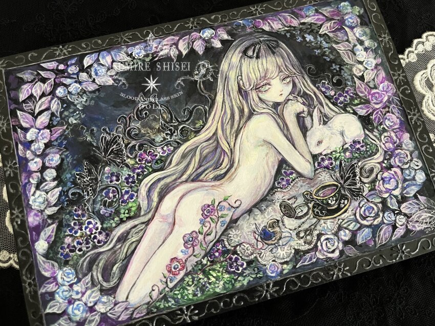 1girl acrylic_paint_(medium) ass bird blonde_hair bug butterfly commentary_request cup expressionless flower green_eyes highres insect long_hair looking_at_viewer lying nude on_stomach original painting_(medium) pale_skin petals photo_(medium) pocket_watch rose solo sumire_shisei teacup traditional_media very_long_hair watch white_rabbit_(animal)
