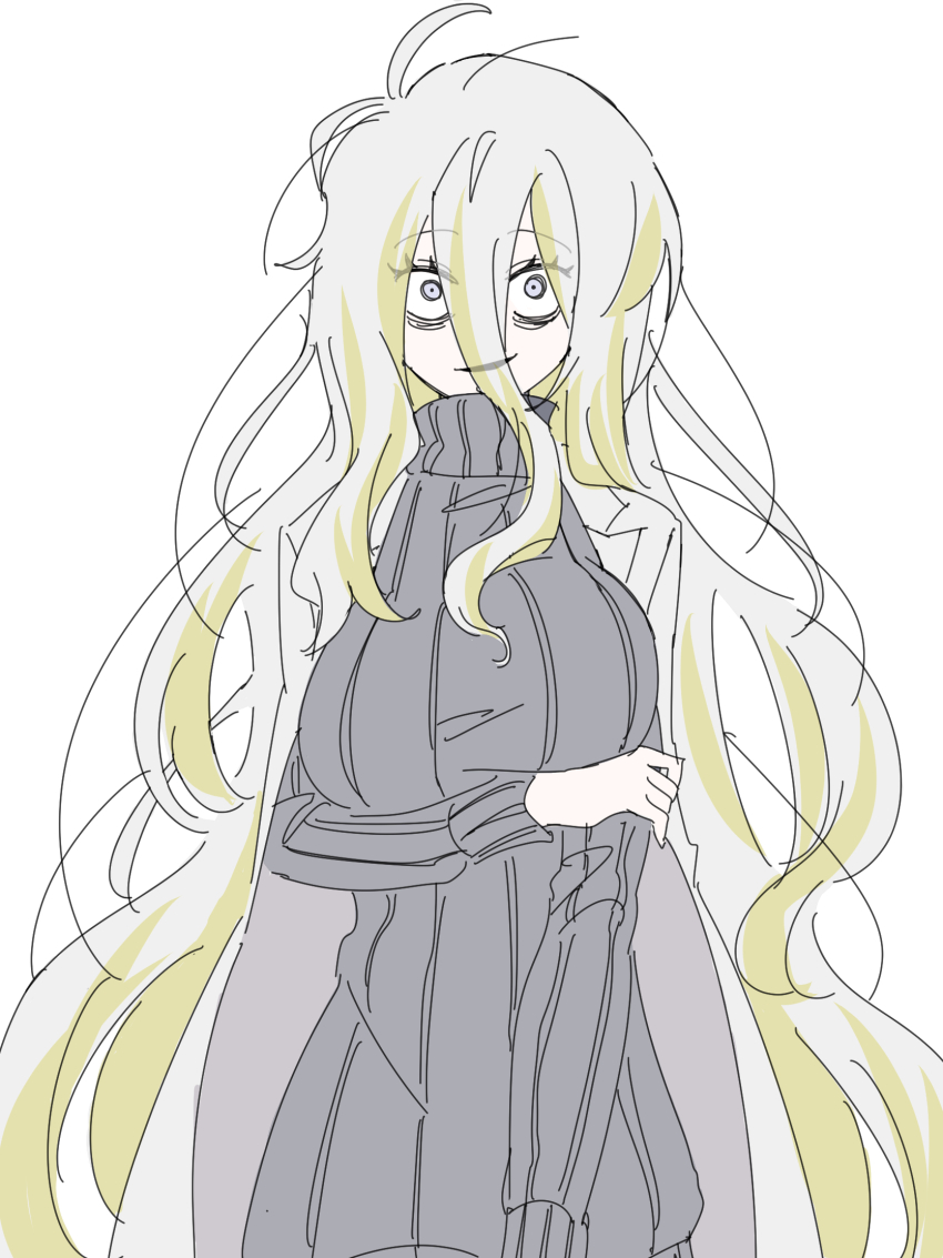 1girl alternate_hair_length alternate_hairstyle bags_under_eyes black_sweater blonde_hair breasts faust_(project_moon) hand_up highres kitaku_(ienikaeru) large_breasts limbus_company long_hair long_sleeves looking_at_viewer messy_hair multicolored_hair n_corp._fanatic_(identity)_(project_moon) open_mouth project_moon ribbed_sweater simple_background smile solo streaked_hair sweater very_long_hair white_background white_hair wide-eyed