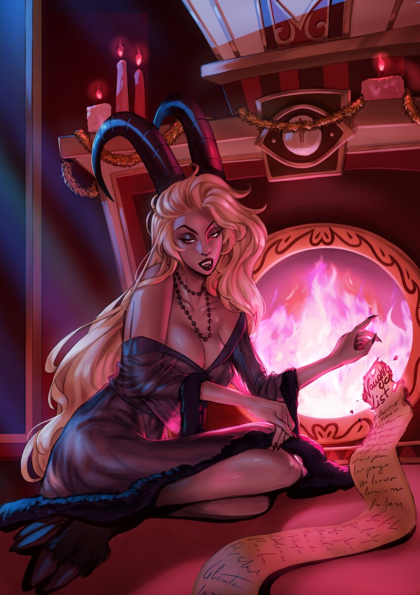 1girl 4lienbrainrot absurdres black_robe blonde_hair breasts demon_girl demon_horns fireplace hazbin_hotel highres horns large_breasts lilith_(hazbin_hotel) long_hair multicolored_eyes off_shoulder robe see-through_robe slit_pupils solo two-tone_eyes very_long_hair