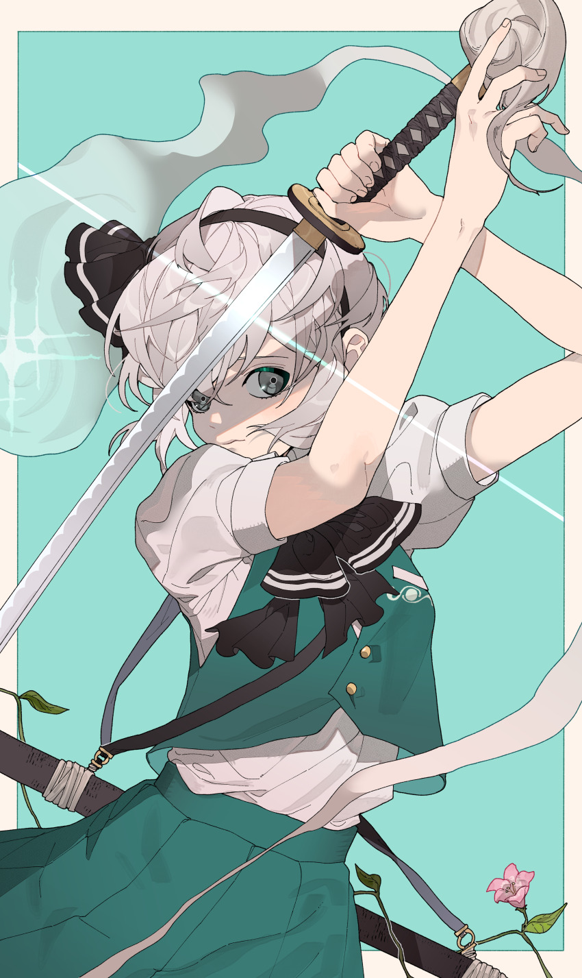1girl absurdres aqua_background arms_up black_bow black_hairband bow buttons closed_mouth commentary_request cowboy_shot expressionless flower green_skirt green_vest grey_eyes hair_bow hairband highres hitodama holding holding_sword holding_weapon konpaku_youmu konpaku_youmu_(ghost) leaf looking_at_viewer outside_border partial_commentary pink_flower plant pleated_skirt puffy_short_sleeves puffy_sleeves scabbard sheath shimiya_jin shirt shirt_tucked_in short_hair short_sleeves skirt skirt_set solo sparkle sword touhou vest vines weapon white_hair white_shirt