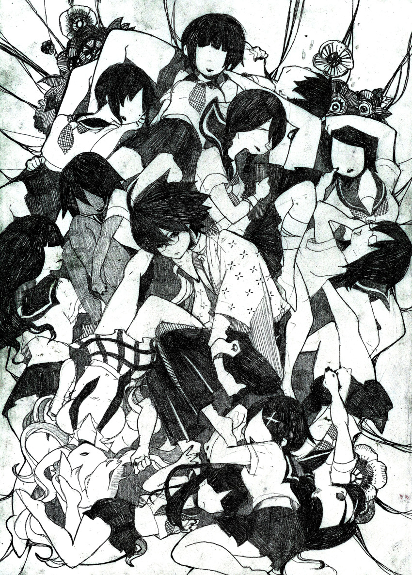 00s 1boy 6+girls absurdres ahoge bad_id bad_pixiv_id bandages barefoot black_hair blunt_bangs bob_cut braid charcoal_(medium) chinamo dark_skin everyone faceless fetal_position flower fujiyoshi_harumi full_body fuura_kafuka glasses greyscale hair_bobbles hair_ornament hairclip hakama hakama_skirt hand_on_head highres hitou_nami itoshiki_nozomu itoshiki_rin japanese_clothes kaga_ai kimono kimura_kaere kitsu_chiri kobushi_abiru legs long_hair looking_back lying midriff mitama_mayo mole monochrome multiple_girls necktie no_eyes open_mouth otonashi_meru parted_bangs plaid ponytail sayonara_zetsubou_sensei school_uniform sekiutsu_maria_tarou serafuku short_hair sidelocks skirt smile traditional_media tsunetsuki_matoi twin_braids twintails wavy_hair