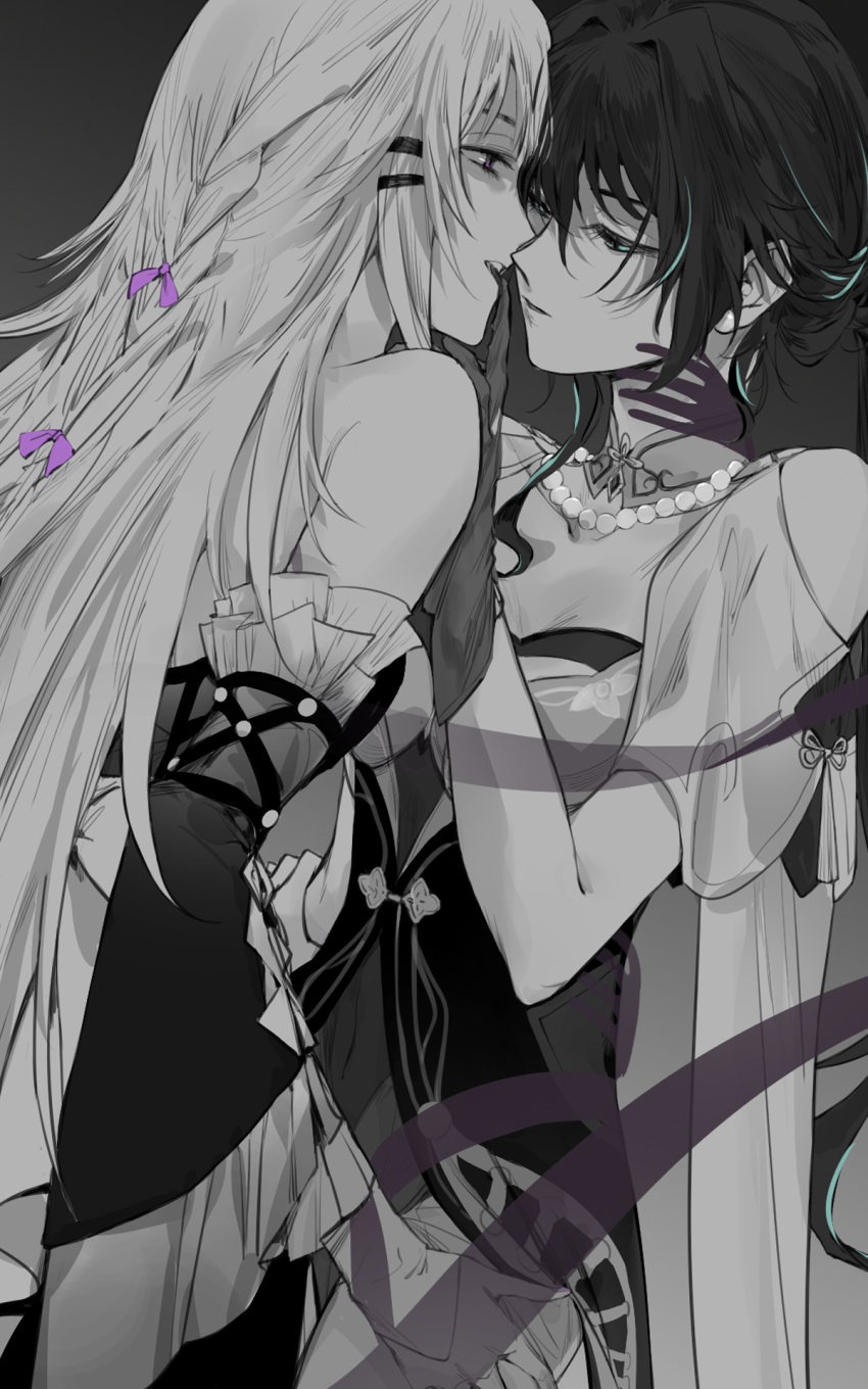 2girls alpha.e bare_shoulders blue_hair bow chinese_commentary commentary_request dress elbow_gloves glove_in_mouth gloves greyscale hair_bow hand_on_another&#039;s_neck herta_(honkai:_star_rail) highres honkai:_star_rail honkai_(series) long_hair monochrome mouth_hold multicolored_hair multiple_girls purple_bow ruan_mei_(honkai:_star_rail) spot_color streaked_hair the_herta_(honkai:_star_rail) yuri