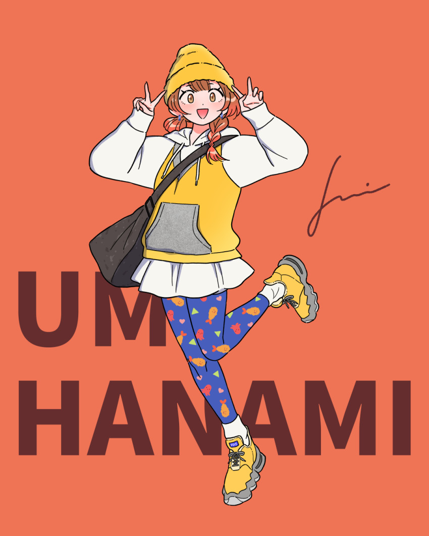 alternate_hairstyle asymmetrical_hair bag beanie black_bag braid brown_eyes brown_hair character_name circle_skirt double-parted_bangs double_v earrings food full_body gakuen_idolmaster hanami_ume hat highres hood hoodie idolmaster jennie_congee jewelry long_sleeves medium_hair orange_background print_leggings shoes shoulder_bag shrimp shrimp_tempura simple_background single_braid skirt sneakers socks socks_over_pants tempura v white_skirt white_socks yellow_hat