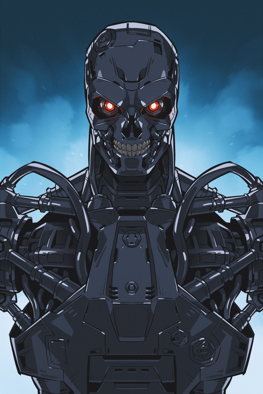 absurdres artificial_eye glowing glowing_eyes highres humanoid_robot looking_at_viewer machinery mechanical_eye mechabare no_skin onion_maru piston red_eyes robot science_fiction solo straight-on t-800 teeth terminator_(series) the_terminator upper_body