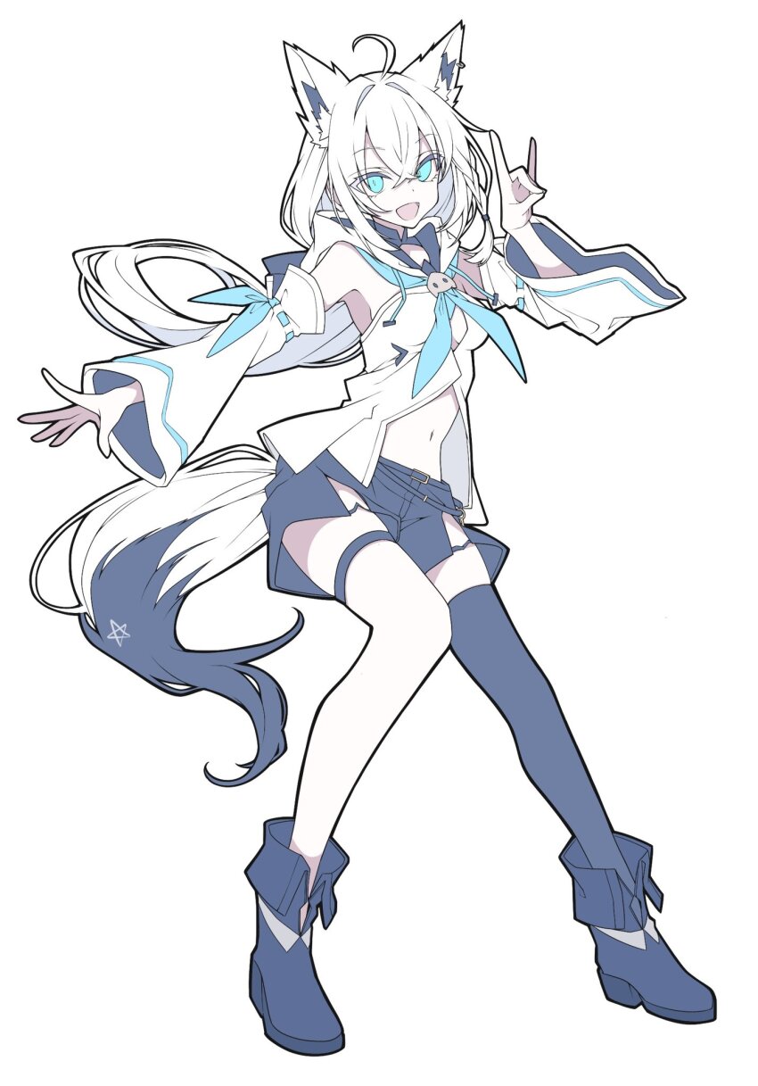 1girl ahoge animal_ear_fluff animal_ear_piercing animal_ears aqua_eyes bare_shoulders black_boots black_shorts black_tail black_thighhighs blue_neckerchief boots braid crossed_bangs detached_sleeves double-parted_bangs earrings extra_ears fox_ears fox_girl fox_shadow_puppet fox_tail front_slit full_body highres hololive hood hoodie jewelry long_hair looking_at_viewer low-tied_long_hair minkof_nn multicolored_tail navel neckerchief pentagram sailor_collar shirakami_fubuki shirakami_fubuki_(1st_costume) shorts side_braid sidelocks simple_background single_braid single_earring single_thighhigh solo tail thigh_strap thighhighs virtual_youtuber white_background white_hair white_hoodie white_tail wide_sleeves