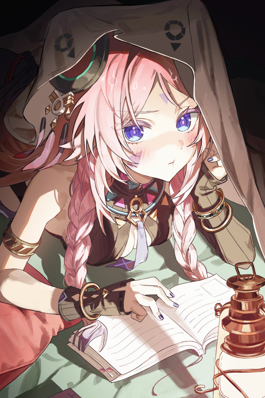 1girl :t asymmetrical_gloves bare_shoulders bed_sheet black_gloves blue_eyes blush book braid breasts citlali_(genshin_impact) cleavage closed_mouth commentary facial_mark fingernails floating_headgear forehead_mark genshin_impact gloves headgear highres kerosene_lamp lantern long_hair looking_at_viewer lying medium_breasts multicolored_hair nail_polish on_stomach open_book pink_hair pink_pupils purple_hair purple_nails q_(llll4414_j) sleeveless solo triangle triangle_facial_mark twin_braids uneven_gloves very_long_hair