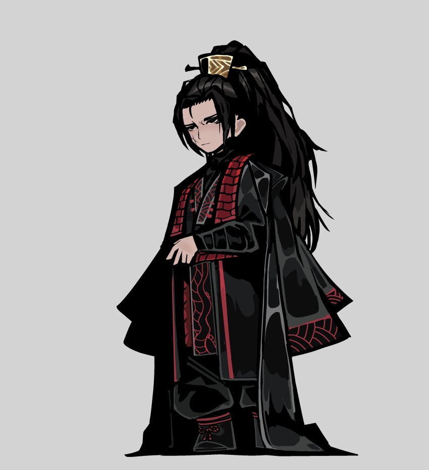 1boy absurdres baggy_pants black_boots black_coat black_eyes black_hair black_hanfu boots chinese_clothes coat hair_ornament hairpin hanfu high_ponytail highres jia_qiu_(project_moon) limbus_company long_hair long_sleeves open_clothes open_coat pants ponytail project_moon red_trim scar scar_on_face sidelocks solo sprite_art stole teko1193 white_background