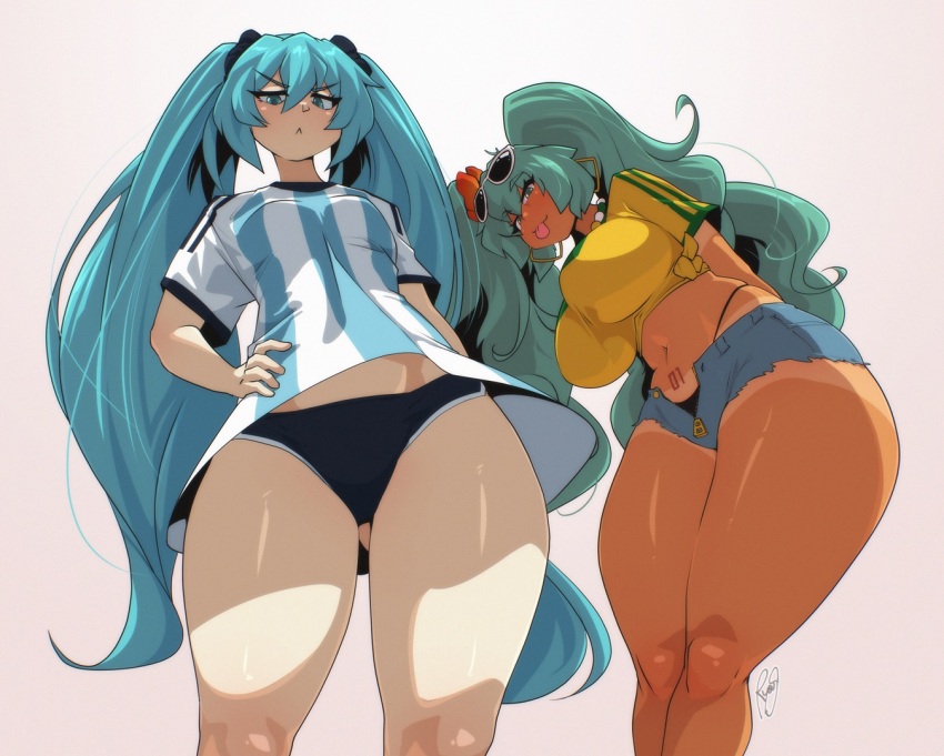2girls :&lt; aqua_eyes argentinian_miku arms_behind_back bikini black_bikini black_panties brazilian_flag brazilian_miku breasts closed_mouth denim denim_shorts earrings eyebrows_hidden_by_hair eyewear_on_head from_below frown gluteal_fold hair_between_eyes hair_ornament hair_scrunchie hand_on_own_hip hatsune_miku hoop_earrings jersey jewelry large_breasts looking_at_viewer midriff multiple_girls navel panties partially_unzipped ryou_sakai scrunchie shadow shirt short_shorts shorts signature simple_background striped_clothes striped_shirt sunglasses swimsuit tan tanline thick_thighs thighs tongue tongue_out twintails underwear vocaloid white_background white_shirt yellow_shirt
