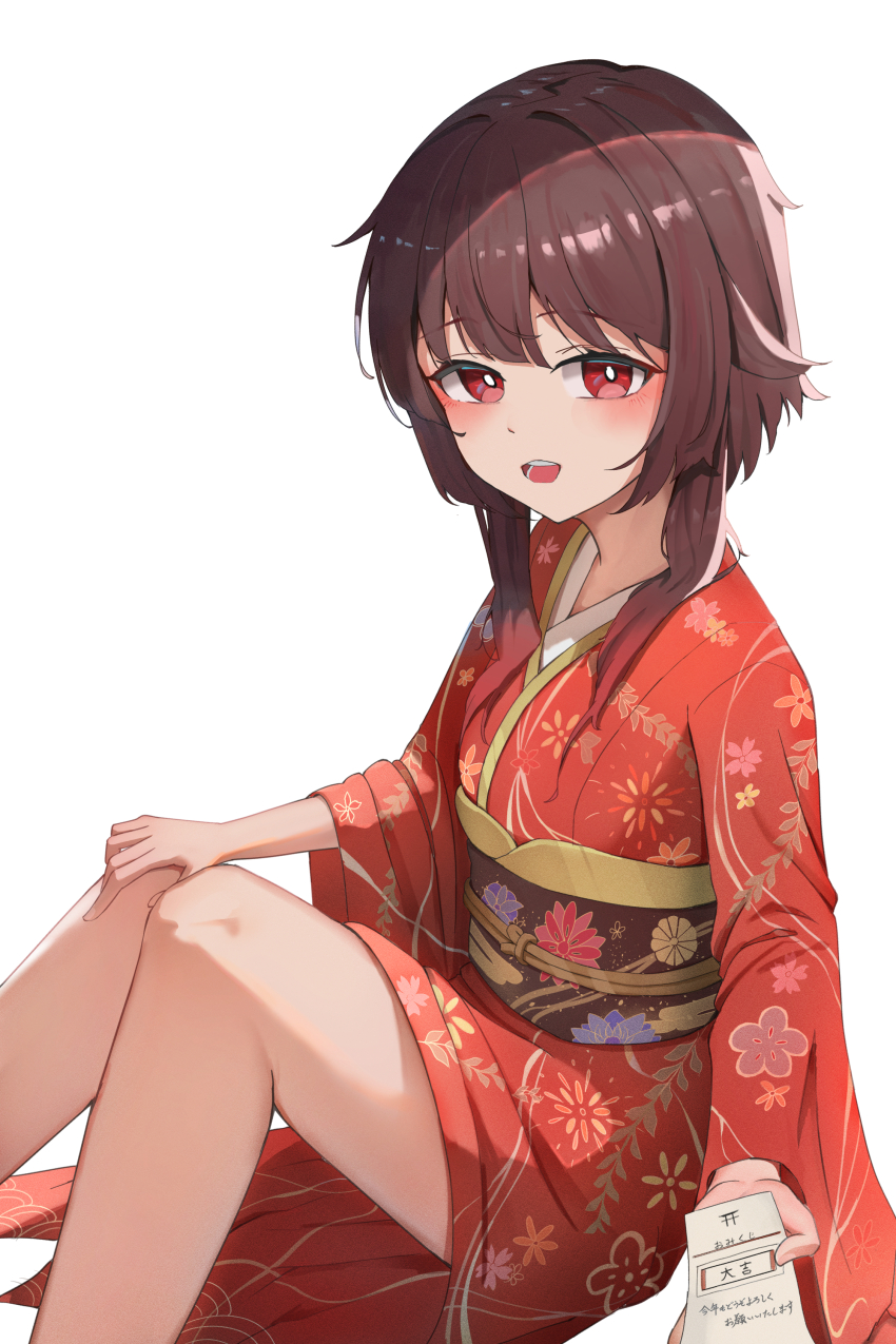 :d absurdres black_sash blush breasts bright_pupils brown_hair commentary floral_print floral_print_kimono from_above furisode_sleeves hand_on_own_knee highres holding_omikuji japanese_clothes kimono knees_up kono_subarashii_sekai_ni_shukufuku_wo! long_sleeves looking_at_viewer looking_to_the_side looking_up megumin new_year obi omikuji on_ground open_mouth print_kimono reaching reaching_towards_viewer red_eyes red_kimono sash shiraiyu short_hair short_hair_with_long_locks sidelocks simple_background sitting small_breasts smile translated white_background white_pupils wide_sleeves