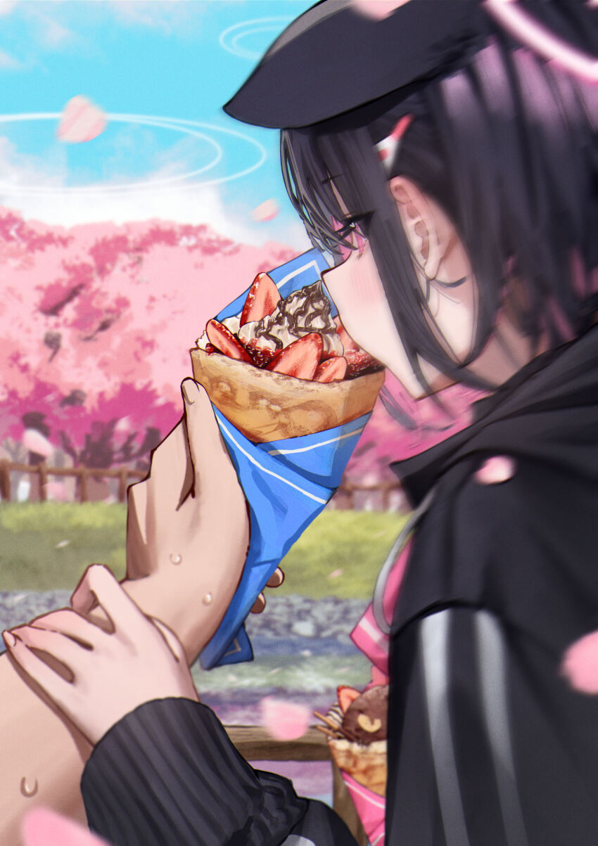 1girl 1other animal_ears betabeet black_hair black_hoodie blue_archive cat_ears cat_girl colored_inner_animal_ears colored_inner_hair crepe extra_ears food highres holding holding_crepe holding_food hood hoodie kazusa_(blue_archive) multicolored_hair pink_eyes sensei_(blue_archive) two-tone_hair