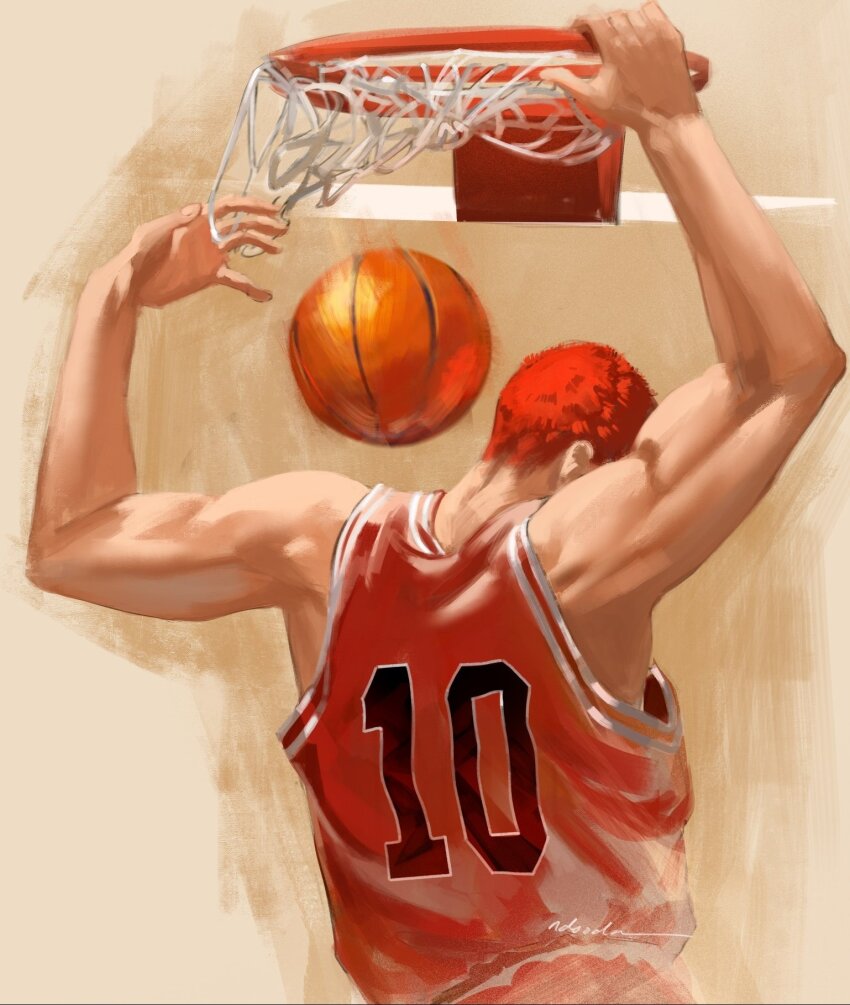 1boy arms_up ball bare_shoulders basketball basketball_(object) basketball_jersey commentary cowboy_shot english_commentary from_behind highres male_focus muscular muscular_male ndsoda playing_sports red_hair sakuragi_hanamichi short_hair signature slam_dunk_(basketball) slam_dunk_(series) sleeveless solo very_short_hair