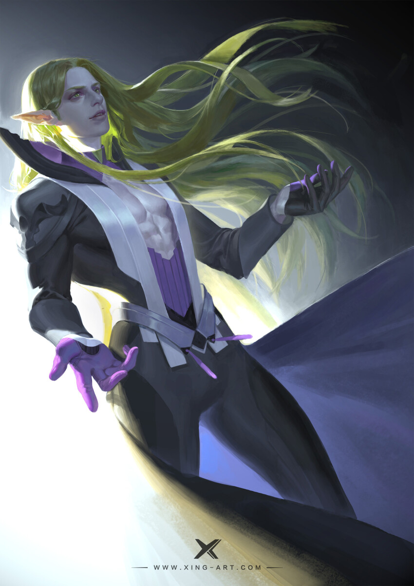 1boy abs absurdres artist_name backlighting belt black_coat black_pants blonde_hair character_request chinese_commentary cleavage_cutout clothing_cutout coat collared_shirt commentary_request copyright_request cowboy_shot floating_clothes floating_hair gloves gradient_background grey_background grey_belt highres layered_sleeves lips long_hair long_sleeves looking_ahead male_focus medici_collar outstretched_hand pants parted_lips pectoral_cleavage pectorals pink_lips pinstripe_pattern pinstripe_shirt pointy_ears purple_coat purple_gloves purple_shirt realistic shirt smile soles solo standing starlab teeth thick_eyebrows two-sided_coat two-sided_fabric upper_teeth_only very_long_hair watermark white_eyes