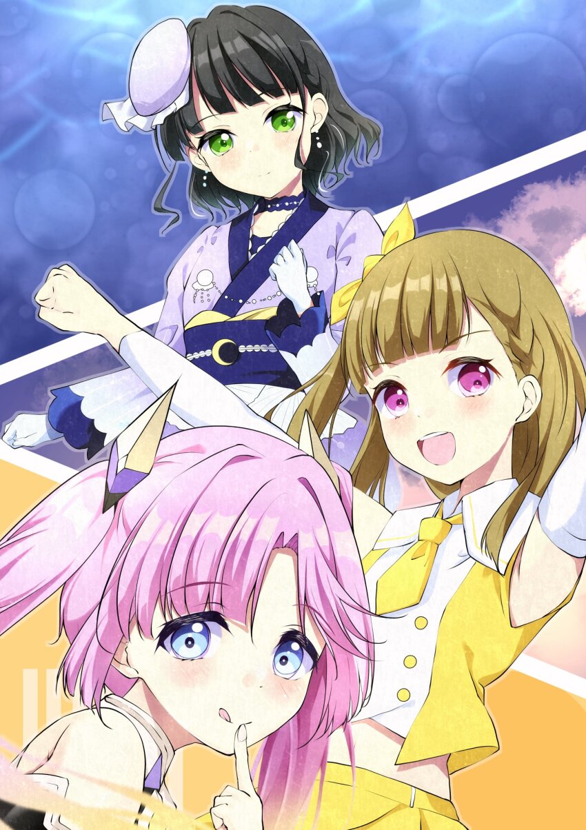 3girls 3rd_live_tour_try_tri_unity!!! :d :q anyoji_hime armpits bare_shoulders beret black_hair blue_eyes blunt_bangs blush bow braid brown_hair buttons center-flap_bangs closed_mouth collared_shirt commentary_request cropped_shirt detached_sleeves double-breasted fanfare!!!_(love_live!) finger_to_mouth gloves green_eyes hair_bow hair_intakes hat headpiece highres hoijin japanese_clothes kachimachi_kosuzu kimono link!_like!_love_live! long_hair long_sleeves love_live! midriff mini_hat momose_ginko multiple_girls necktie official_alternate_costume official_alternate_hairstyle open_mouth pink_eyes pink_hair proof_(love_live!) purple_hat purple_kimono shirt short_hair short_necktie side_braids sidelocks skirt sleeveless sleeveless_shirt smile split_mouth straight_hair teeth tilted_headwear tongue tongue_out tsukuyomi_kurage twintails upper_teeth_only virtual_youtuber wavy_hair white_gloves white_sleeves yellow_bow yellow_necktie yellow_shirt yellow_skirt