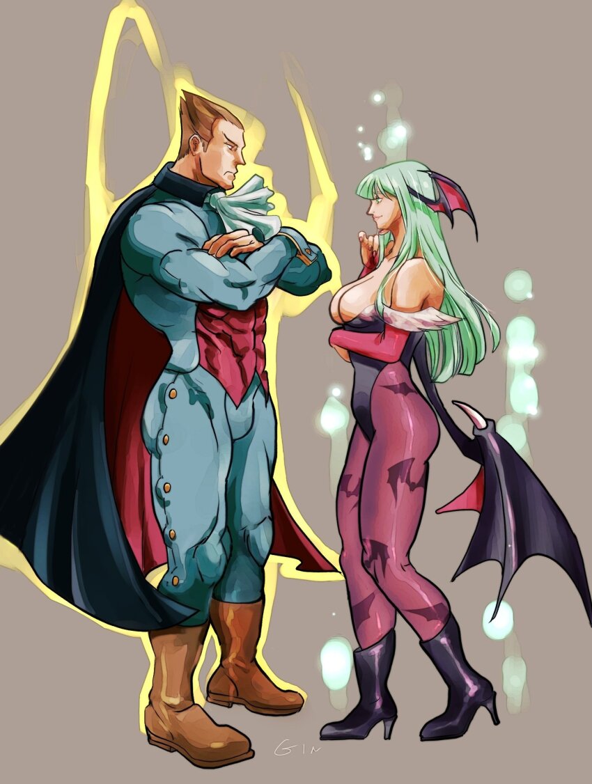 1boy 1girl arm_under_breasts artist_name ass bat_wings boots breasts brown_hair cape cleavage darkstalkers demitri_maximoff fingerless_gloves from_side gloves height_difference highres large_breasts legs leotard long_hair looking_at_another morrigan_aensland muscular muscular_male pantyhose parted_lips pink_lips pointy_hair red_eyes short_hair smile source_request thighs vampire wings