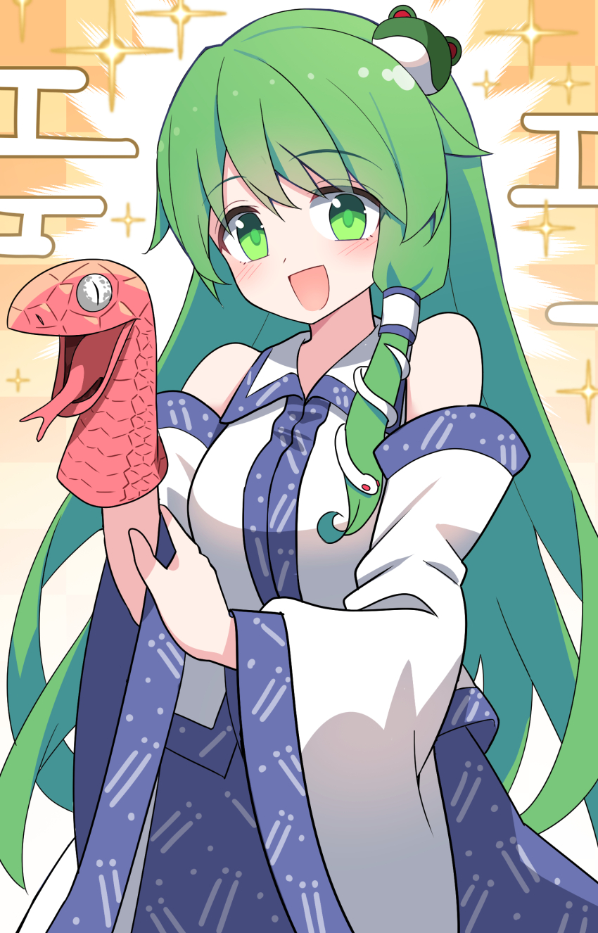 1girl :d absurdres chinese_zodiac commentary_request detached_sleeves e.o. frog_hair_ornament green_eyes green_hair hair_ornament highres kochiya_sanae looking_at_viewer new_year open_mouth smile snake_hair_ornament solo touhou white_sleeves wide_sleeves year_of_the_snake
