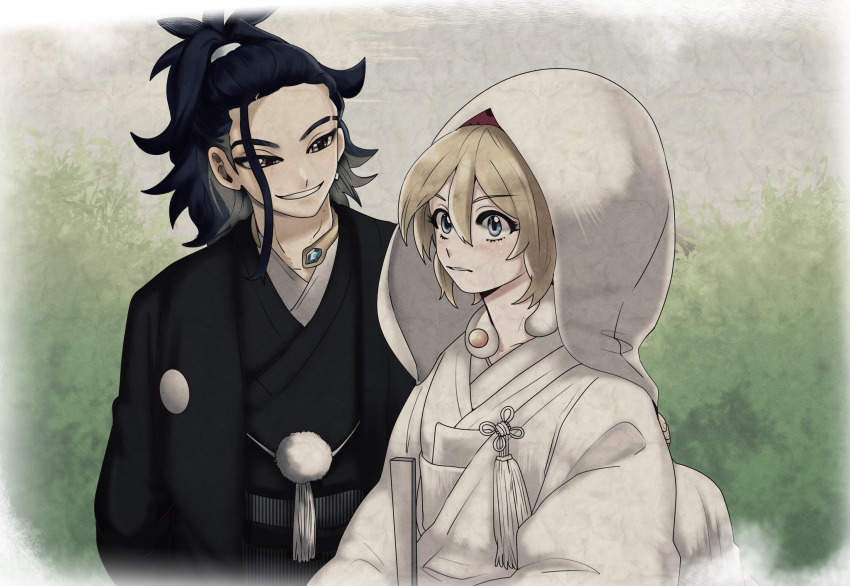 1boy 1girl adaman_(pokemon) arm_around_back black_kimono blonde_hair blue_hair creatures_(company) eyebrow_cut game_freak haori_himo hetero highres irida_(pokemon) japanese_clothes kimono nintendo obi pokemon pokemon_legends:_arceus pum_patpat sash shiromuku smile uchikake wataboushi wedding white_kimono