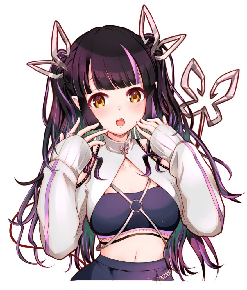 1girl black_hair black_skirt black_tube_top blunt_bangs blush breasts clothing_cutout commentary_request demon_girl demon_horns demon_tail futatsumuji highres horns jacket kojo_anna kojo_anna_(2nd_costume) lace_trim long_hair looking_at_viewer medium_breasts midriff multicolored_hair nanashi_inc. navel official_alternate_costume open_mouth pointy_ears purple_hair shoulder_cutout shrug_(clothing) simple_background skirt solo strapless tail teeth tube_top twintails two-tone_hair upper_body upper_teeth_only virtual_youtuber white_background white_jacket yellow_eyes