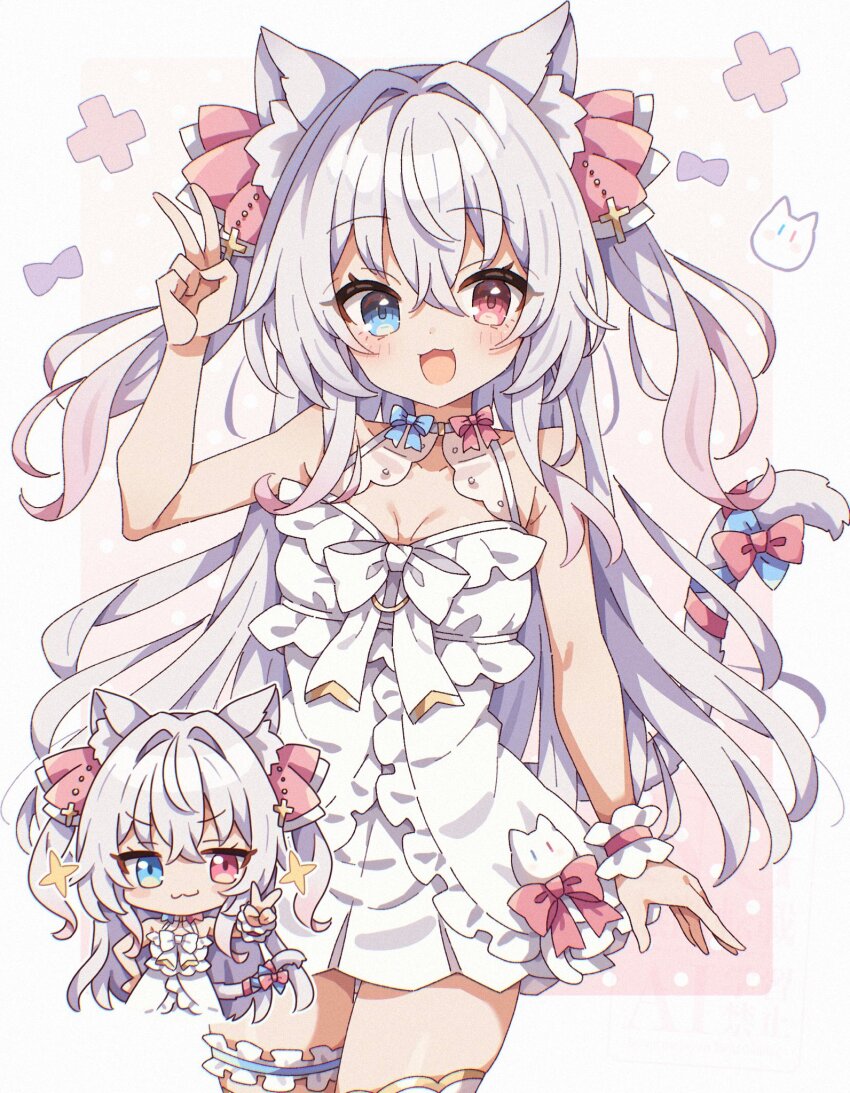 1girl animal_ear_fluff animal_ears bare_arms bare_shoulders blue_bow blue_bowtie blue_eyes blush bow bowtie bracelet breasts cat_ears cat_ornament cat_tail chibi closed_mouth commentary_request copyright_request cross dress hair_between_eyes hair_ornament hi_(pontolfo) highres jewelry long_hair looking_at_viewer medium_breasts open_mouth red_bow red_bowtie red_eyes simple_background smile solo star_(symbol) tail thighlet v wavy_mouth white_bow white_bowtie white_hair