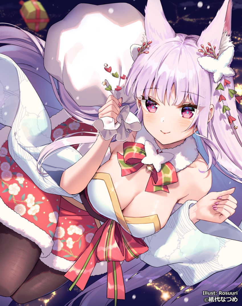 1girl animal_ear_fluff animal_ears artist_name bare_shoulders bell blunt_bangs blush breasts brown_pantyhose christmas christmas_present cleavage clenched_hands closed_mouth copyright_name copyright_notice detached_collar detached_sleeves dot_nose dress dutch_angle extra_ears floral_print fox_ears fox_girl fur-trimmed_collar fur-trimmed_dress fur_trim gift green_ribbon hair_between_eyes hair_ornament highres holding jingle_bell kamishiro_natsume large_breasts long_hair looking_at_viewer melty+ multicolored_ribbon nail_polish neck_bell neck_ribbon night pantyhose parted_lips pink_nails purple_hair purple_nails red_dress red_eyes red_ribbon ribbon rosuuri sidelocks smile solo very_long_hair virtual_youtuber watermark white_sleeves wide_sleeves yellow_ribbon