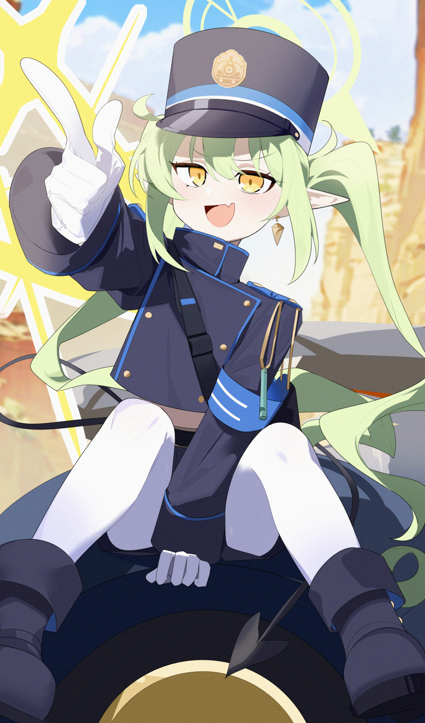 1girl :d absurdres armband backpack bag belt between_legs black_belt blue_archive blue_armband blue_hat blue_jacket blue_shorts buttons chinese_commentary cloud cloudy_sky commentary_request cropped_jacket day demon_tail double-breasted earrings fang full_body gloves green_hair green_halo hair_between_eyes halo hand_between_legs hat highres jacket jewelry knees_up long_hair long_pointy_ears long_sleeves looking_at_viewer midriff_peek nozomi_(blue_archive) open_mouth outdoors outstretched_arm pantyhose partial_commentary peaked_cap pointing pointing_forward pointy_ears short_shorts shorts sidelocks sitting skin_fang sky sleeve_cuffs smile solo tail twintails v-shaped_eyebrows very_long_hair wako_(1194433260) wavy_hair whistle white_gloves white_pantyhose yellow_eyes