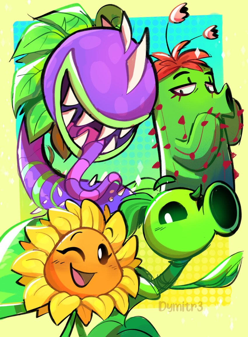 358_dymitre absurdres artist_name cactus_(plants_vs_zombies) chomper_(plants_vs_zombies) highres leaf looking_at_viewer one_eye_closed open_mouth peashooter_(plants_vs_zombies) plants_vs_zombies sharp_teeth sunflower_(plants_vs_zombies) teeth tongue tongue_out yellow_petals