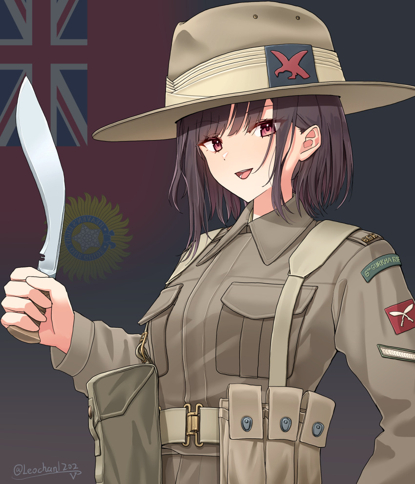 1girl absurdres ammunition_pouch artist_name belt breast_pocket british_army brown_belt brown_hair brown_hat brown_jacket campaign_hat commentary flag_background gurkha hat hat_ornament highres holding holding_knife jacket knife kukri leochan1202 long_sleeves looking_at_viewer military military_rank_insignia military_uniform open_mouth original patch pocket pouch red_eyes short_hair shoulder_patch solo union_jack upper_body world_war_ii