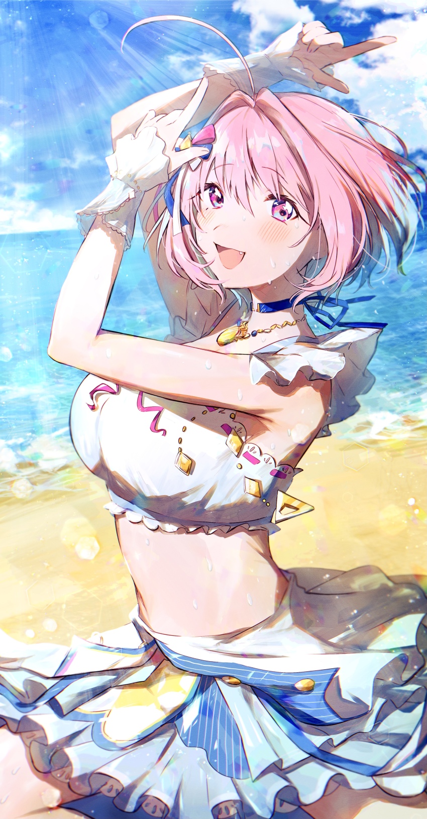 1girl absurdres ahoge arms_up beach blue_choker blue_ribbon blue_skirt blue_sky breasts choker cloud day fang frills from_side hair_ribbon hamachamu highres horizon idolmaster idolmaster_cinderella_girls jewelry large_breasts looking_at_viewer multicolored_hair neck_ribbon necklace ocean open_mouth outdoors pink_eyes pink_hair ribbon short_hair sitting skirt sky smile solo split sunlight sweat thighs two-tone_hair water yumemi_riamu