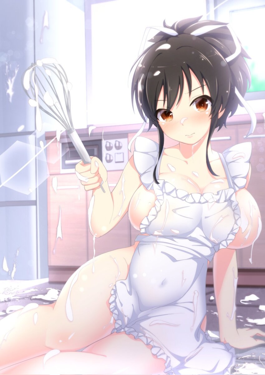 apron areola_slip asuka_(senran_kagura) betterthanbone2 blush breasts brown_eyes brown_hair cleavage closed_mouth commentary corrupted_twitter_file covered_navel cream cream_on_body cream_on_breasts cream_on_face day embarrassed fallen_down food food_on_face hair_ribbon highres holding holding_whisk kitchen large_breasts messy_room naked_apron on_floor ponytail ribbon senran_kagura short_ponytail sideboob sunlight whisk white_apron white_ribbon