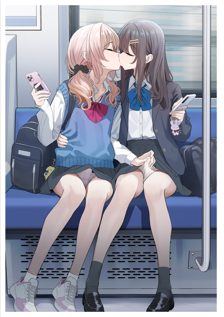 2boys absurdres backpack bag blonde_hair blue_bow blue_bowtie bow bowtie brown_hair bulge collared_shirt crossdressing crossdressing_(mtf) erection erection_under_clothes grey_socks highres kiss loafers long_hair multiple_boys original panties penis_grab pleated_skirt red_bow shirt shoes sitting skirt sleeveless sleeveless_sweater sneakers socks sweater trap turisasu underwear very_long_hair white_panties white_shirt white_socks