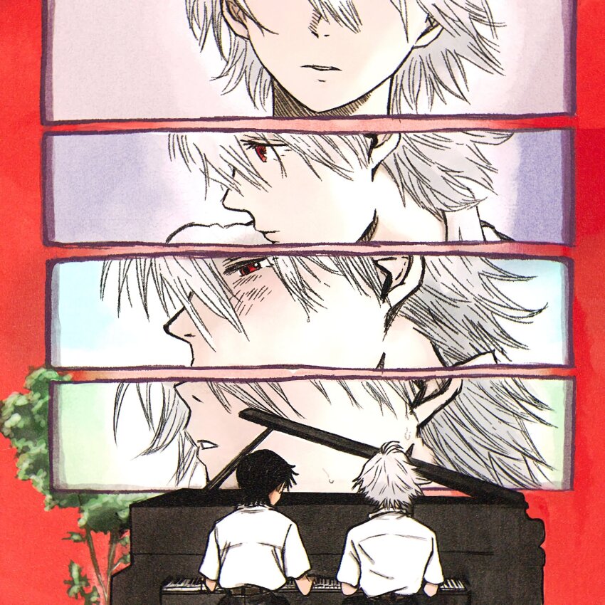 2boys black_hair black_pants commentary_request eyelashes grand_piano grey_hair hair_between_eyes highres ikari_shinji instrument korean_commentary looking_ahead male_focus manbom_03 multiple_boys music nagisa_kaworu neon_genesis_evangelion pants parted_lips piano playing_instrument playing_piano red_background red_eyes school_uniform shirt short_hair short_sleeves side-by-side sitting t-shirt tokyo-3_middle_school_uniform tree white_shirt