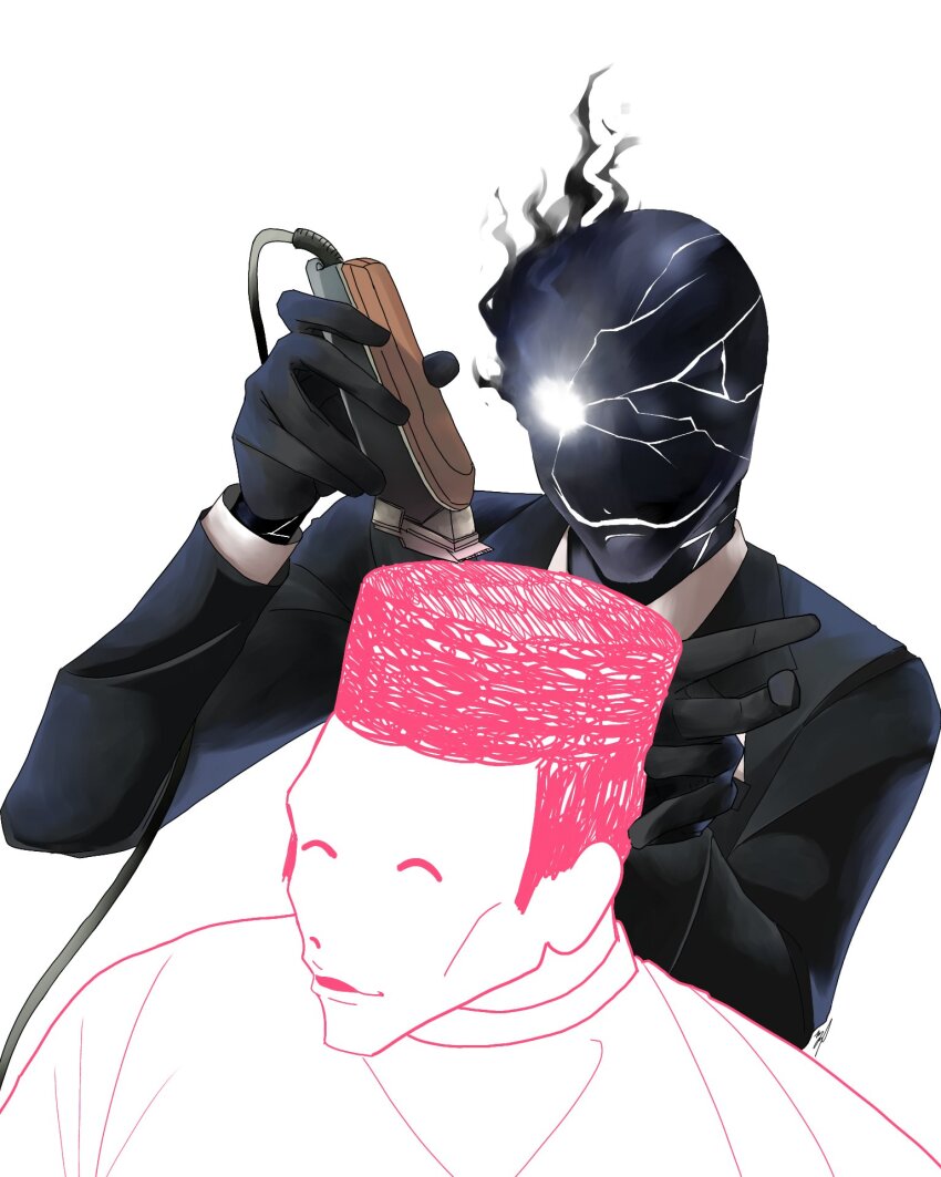 2boys alma_(crippling_mark) barber black_skin black_suit_(blue_archive) blue_archive colored_skin doodle_sensei_(blue_archive) formal_clothes highres holding male_focus meme multiple_boys razor sensei_(blue_archive) shaving simple_background suit tagme white_background