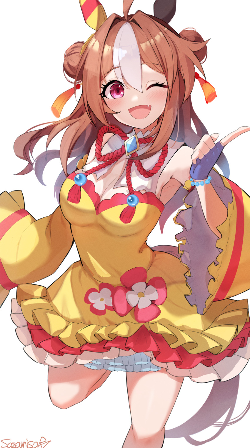 1girl ahoge animal_ears artist_name bare_shoulders bead_bracelet beads blue_gloves blush bracelet breasts brown_hair cleavage commentary copano_rickey_(umamusume) detached_sleeves double_bun dress ear_covers fang feet_out_of_frame fingerless_gloves frilled_dress frills gloves hair_between_eyes hair_bun hair_ornament highres horse_ears horse_girl jewelry leg_up long_hair long_sleeves looking_at_viewer medium_breasts multicolored_hair one_eye_closed pink_eyes purple_eyes sazamiso_rx simple_background solo streaked_hair tassel tassel_hair_ornament umamusume white_background white_hair