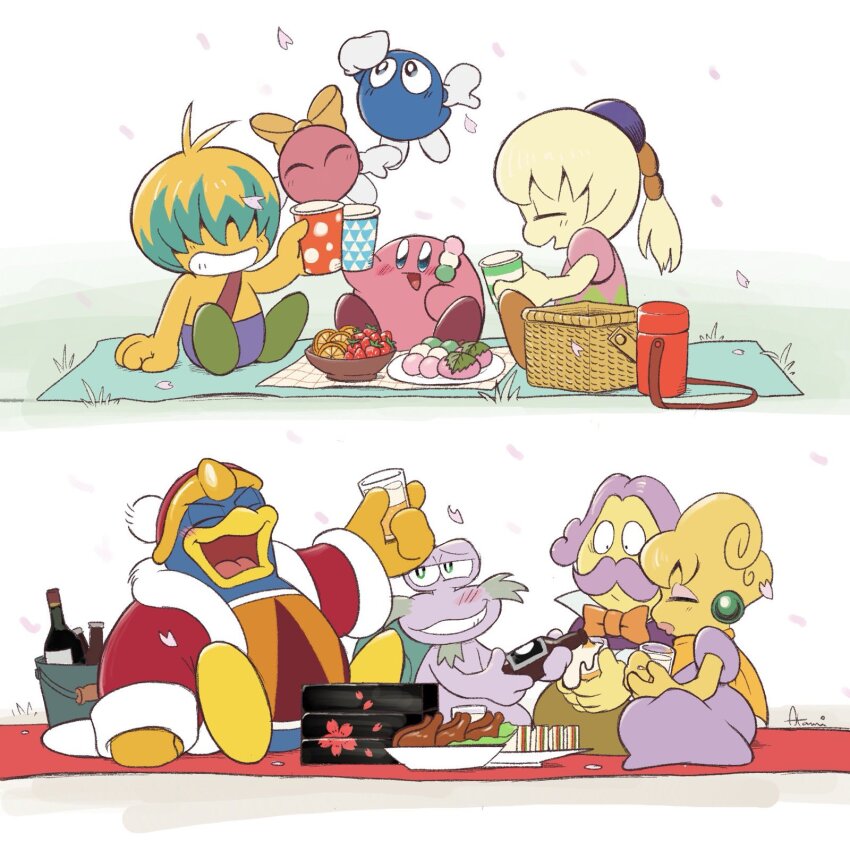 3girls atami_(l0t_0f_c0ffee) blush bun_(kirby) escargon facial_hair falling_petals fumu_(kirby) happy highres king_dedede kirby kirby:_right_back_at_ya kirby_(series) lalala_(kirby) lololo_(kirby) memu_(kirby) multiple_girls mustache nintendo petals ribbon slug smile