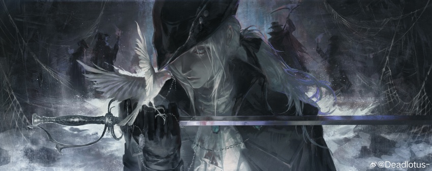 1girl absurdres ascot bird black_gloves black_jacket bloodborne blue_eyes chain closed_mouth commentary dove english_commentary gem gloves hat hat_over_one_eye highres jacket jewelry jiao_chang lady_maria_of_the_astral_clocktower long_hair low_ponytail necklace ponytail rakuyo_(bloodborne) silk solo_focus spider_web tricorne white_ascot white_hair