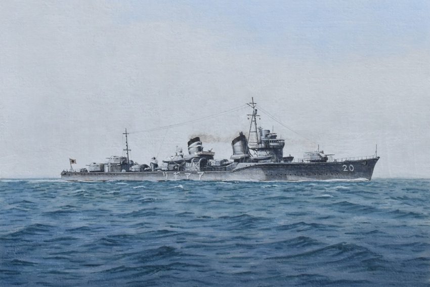 acrylic_paint_(medium) atelier_bono cannon cloud cloudy_sky grey_sky gunboat highres imperial_japanese_navy mast no_humans ocean original painting_(medium) ship_turret sky smokestack traditional_media vehicle_focus watercraft weapon