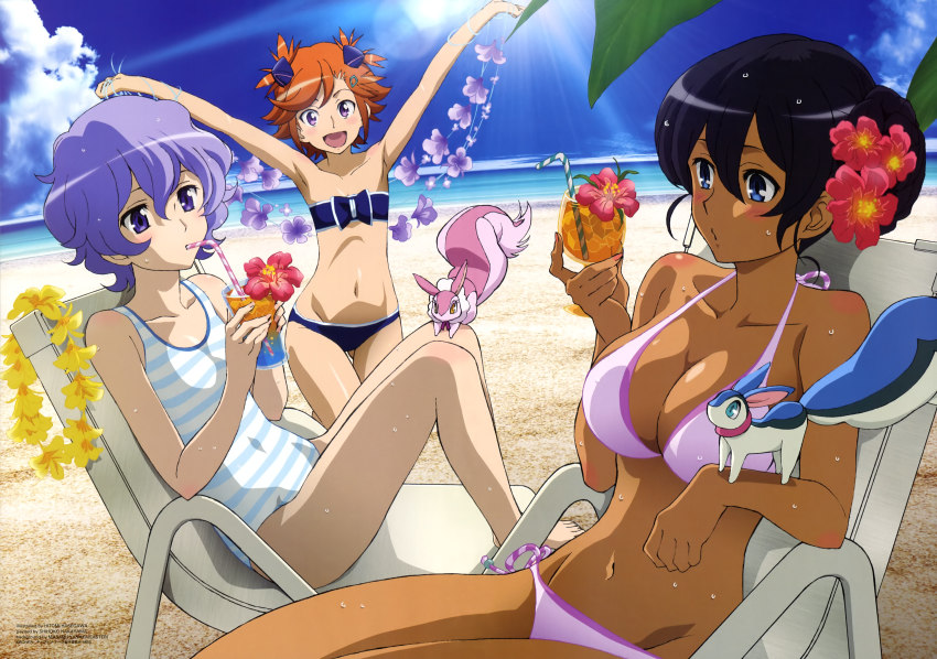 10s 3girls :d absurdres alternate_hairstyle bandeau barefoot beach bikini black_hair blue_eyes breasts captain_earth casual_one-piece_swimsuit chair cleavage cloud cup dark-skinned_female dark_skin day drink drinking drinking_glass drinking_straw flat_chest flower hair_flower hair_ornament hair_up hasegawa_hitomi highres lappa large_breasts light_purple_hair light_rays lounge_chair midriff multiple_girls mutou_hana navel o3o official_art one-piece_swimsuit open_mouth orange_hair outdoors pink_bikini pitz purple_eyes setsuna_(captain_earth) side-tie_bikini_bottom sky small_breasts smile striped_clothes striped_one-piece_swimsuit sunbeam sunlight swimsuit wet yomatsuri_akari