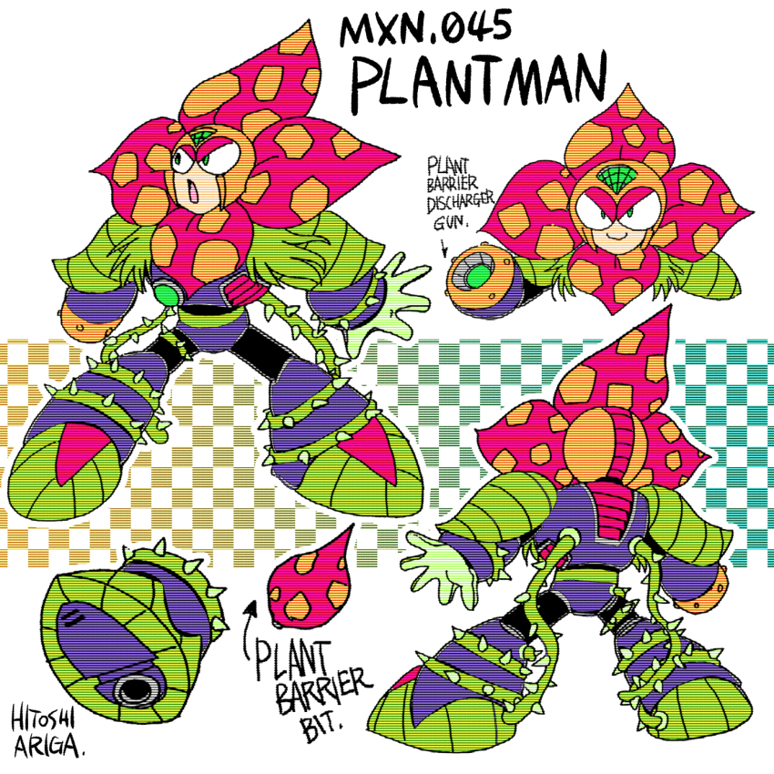 &gt;:) 1boy android aqua_background ariga_hitoshi arm_cannon armor artist_name black_bodysuit bodysuit boots character_name reference_sheet checkered_background chest_armor closed_mouth commentary_request concept_art english_text flower from_behind full_body gem gloves gradient_background green_armor green_eyes green_gemstone green_gloves hand_up helmet highres knee_boots light_brown_background looking_ahead looking_at_viewer looking_to_the_side male_focus mega_man_(classic) mega_man_(series) mega_man_6 mega_man_megamix multiple_views no_humans open_mouth plant plant_man portrait purple_armor purple_footwear robot scanlines shoe_soles shoulder_armor simple_background smile standing straight-on thorns tongue turnaround v-shaped_eyebrows vines weapon white_background