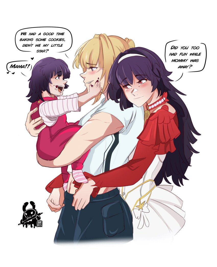 3girls astra_yao black_pants blonde_hair blush closed_mouth commentary dress english_commentary english_text evelyn_chevalier food food_on_face hairband heart highres hug hug_from_behind if_they_mated inkrred long_hair mother_and_daughter multiple_girls open_mouth pants parted_lips purple_hair red_dress red_eyes scar scar_on_arm scar_on_stomach science_babies shirt simple_background smile speech_bubble two-tone_dress white_background white_dress white_hairband white_shirt yuri zenless_zone_zero