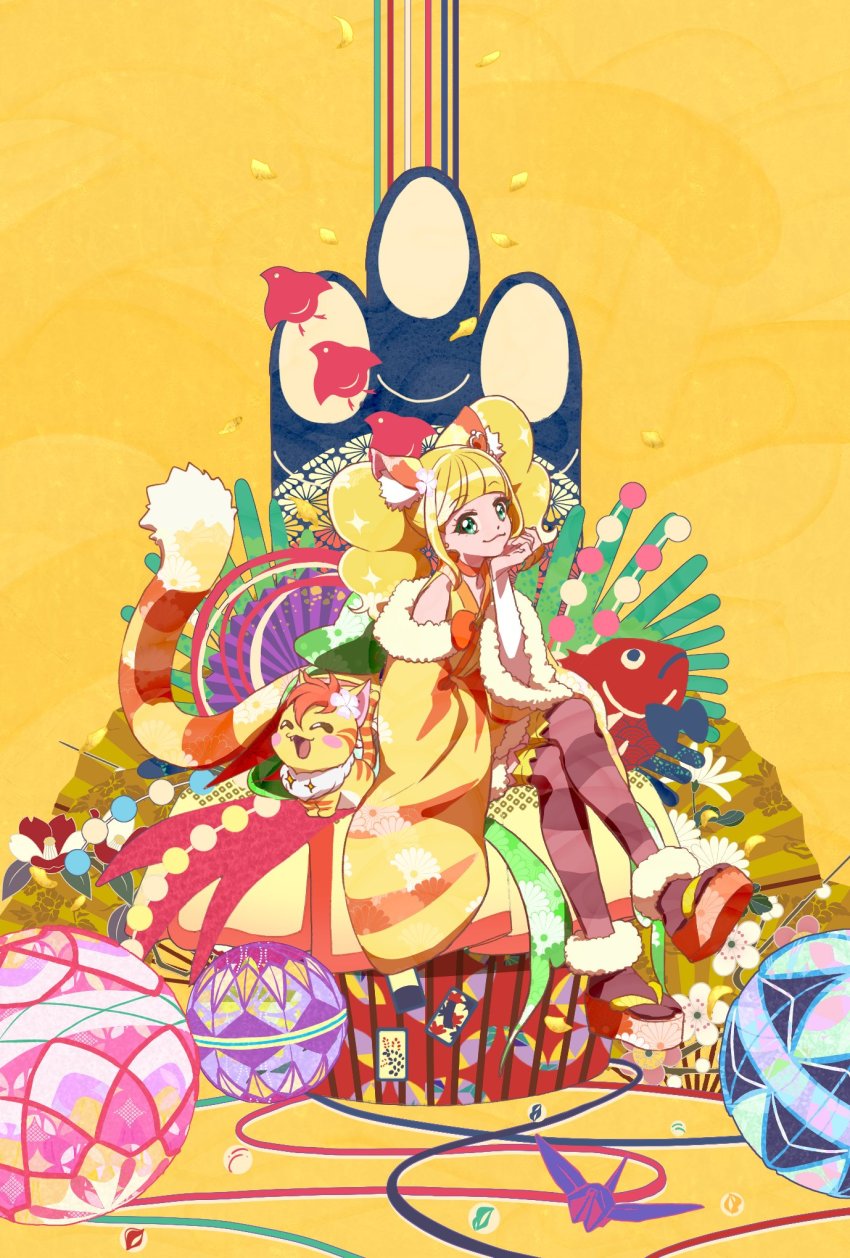 1girl 2022 adapted_costume animal_ears ball bird blonde_hair brown_thighhighs card chinese_zodiac choker cone_hair_bun cure_sparkle cure_sparkle_(partner_form) dated earrings fish floral_print folding_fan full_body geta green_eyes hair_bun hair_ornament hanafuda hand_fan happy_new_year healin&#039;_good_precure healing_animal heart heart_hair_ornament highres hiramitsu_hinata japanese_clothes jewelry kimono long_hair looking_at_viewer magical_girl nengajou new_year nyatoran_(precure) obi pantyhose petals pom_pom_(clothes) pom_pom_earrings precure sash short_kimono sitting strawberrylove2525 string striped_clothes striped_pantyhose striped_thighhighs tail thighhighs tiger_ears tiger_tail twintails vest wide_sleeves year_of_the_tiger yellow_choker yellow_theme yellow_vest